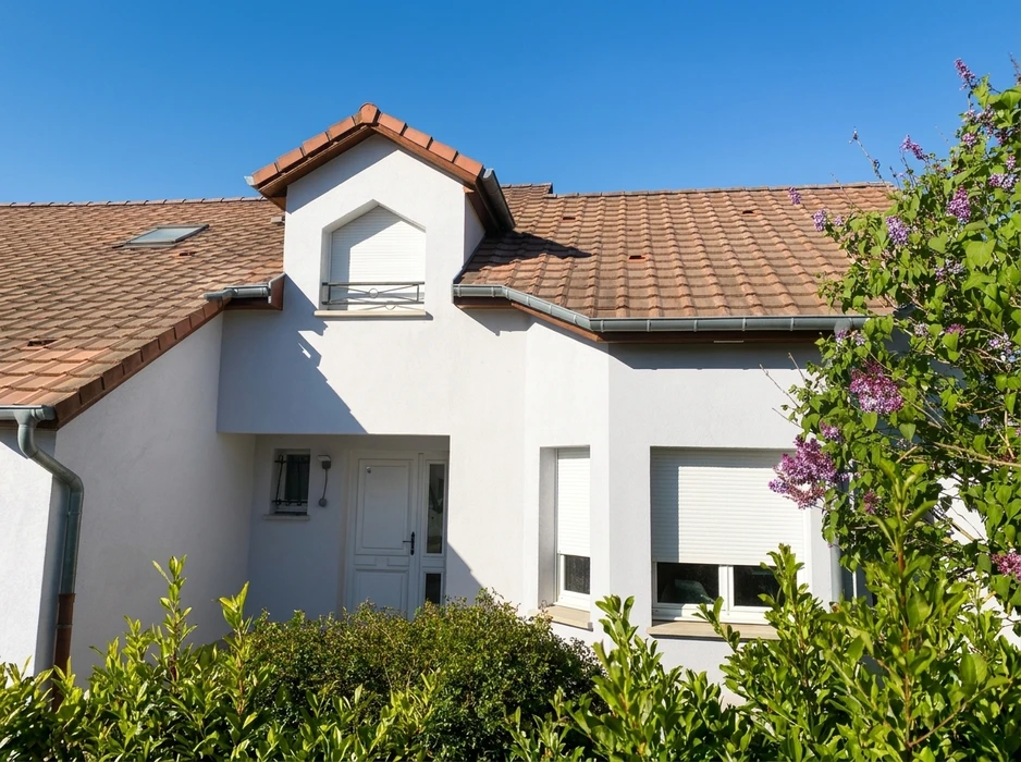 Maison individuelle en enduit blanc, toiture en tuiles canal terre cuite, lucarne à fronton triangulaire avec volet roulant