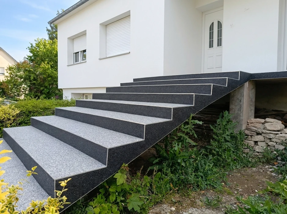 Escalier extérieur d'entrée de maison individuelle blanche, environ 7 marches larges