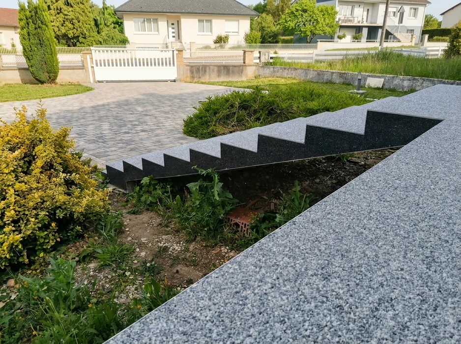 Escalier extérieur en granit bicolore, vue latérale