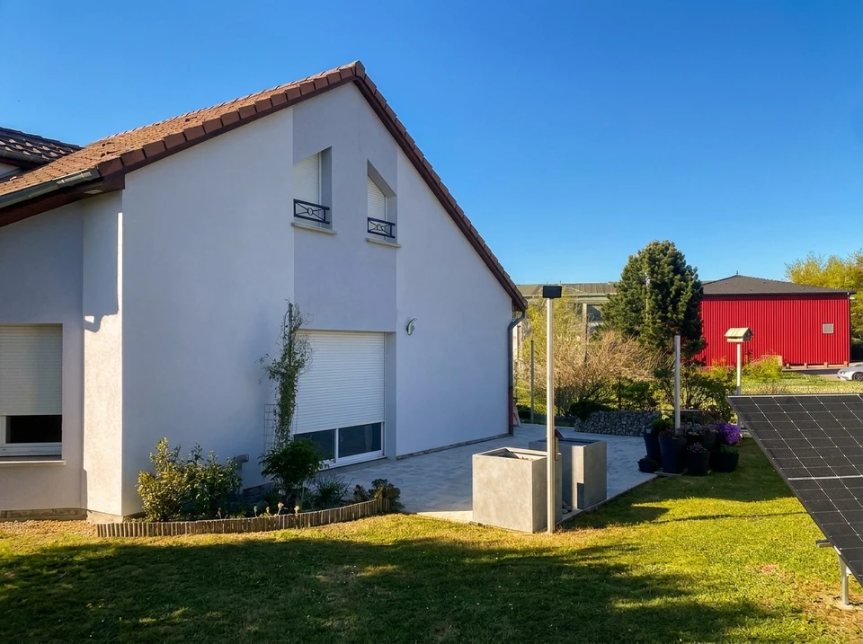 Extérieur d'une maison avec cheminée en briques rouges et oranges détériorées, toit à versant rouge écaillé, ciel bleu nuageux