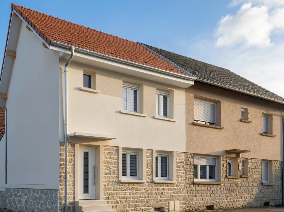Façade extérieure d'un bâtiment avec mur en crépi rose saumon présentant des fissures et imperfections
